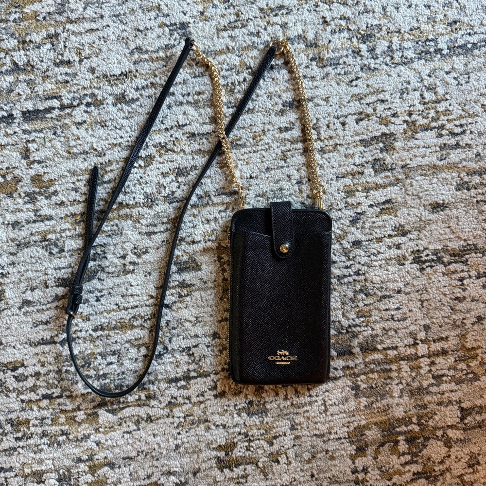 Coach Black Leather Crossbody Phone Pouch with Gold Chain